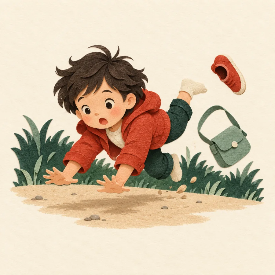A child falls forward on a path, one shoe flying off