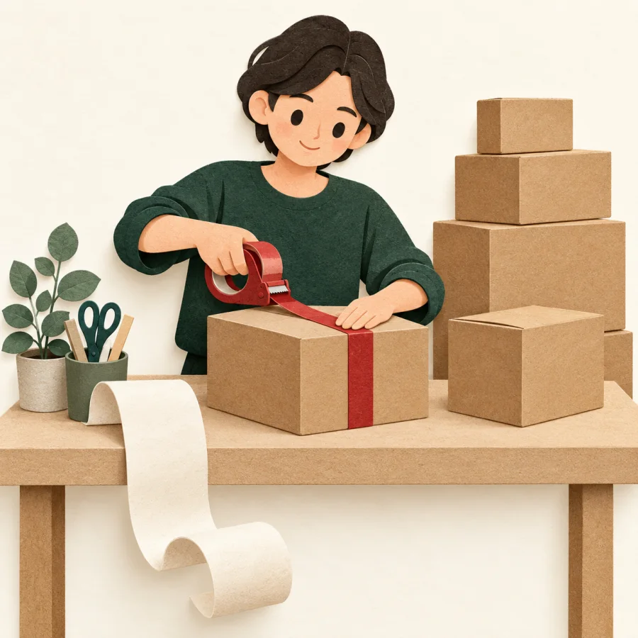 A person tapes a box beside a tall stack of parcels