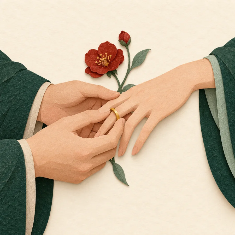 A person slips a ring on another's finger, a flower between them