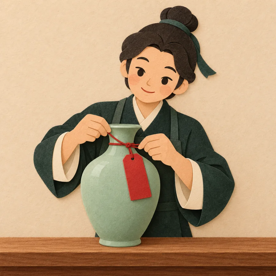 A shopkeeper ties a blank tag to a jade vase on a shelf