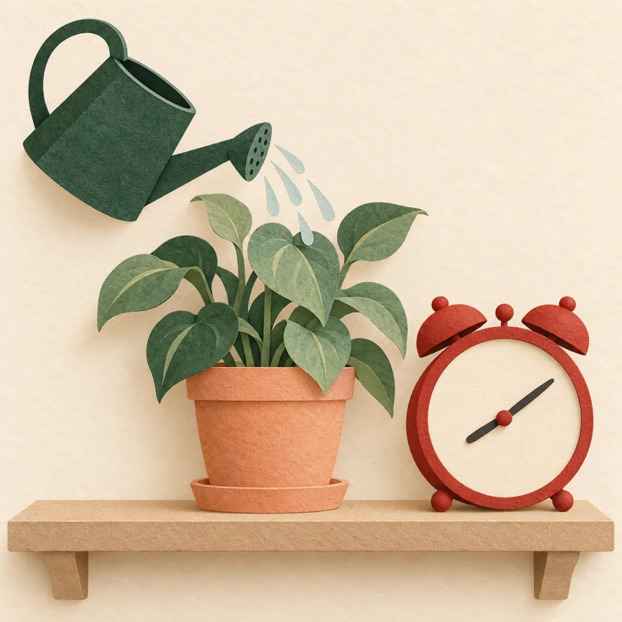 A watering can pours on a potted plant beside an alarm clock