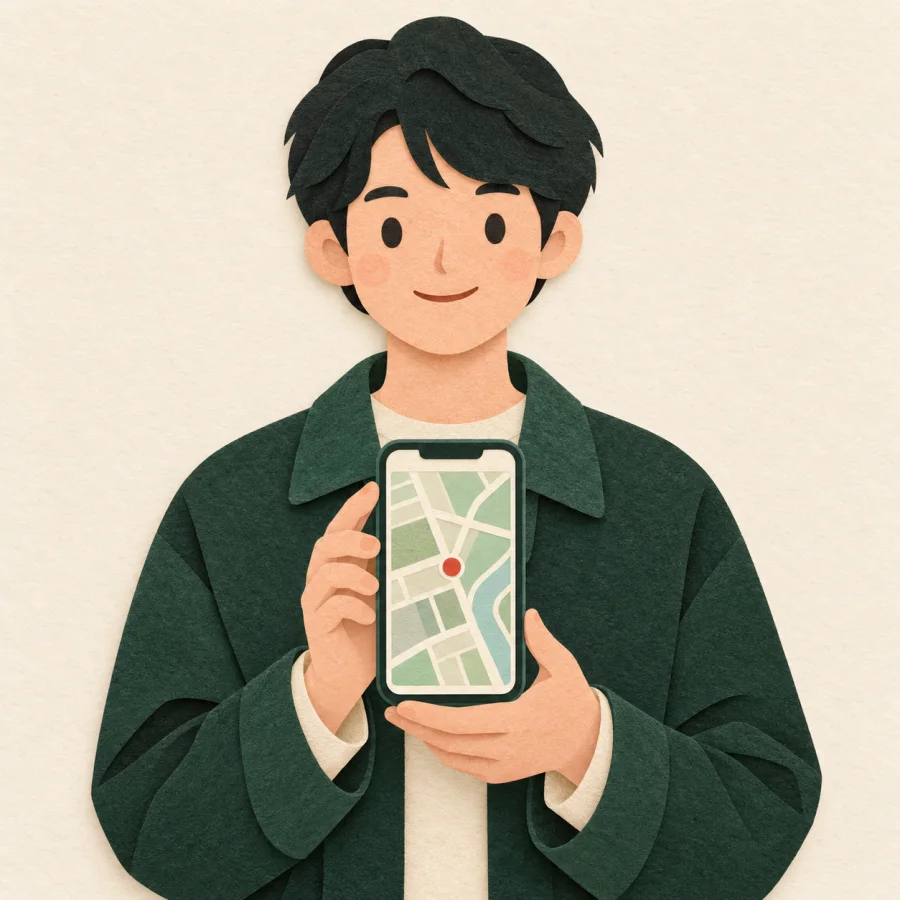 A person holds a smartphone showing a map with a red marker