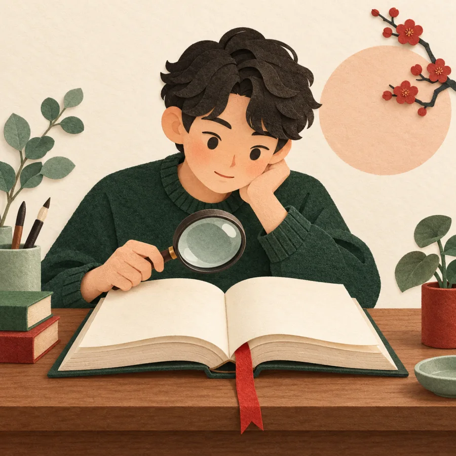 A person holds a magnifying glass over an open book
