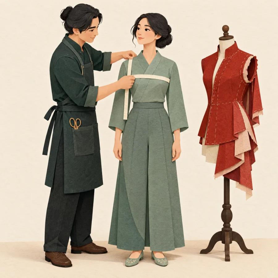 A tailor measures a customer beside a mannequin in a red jacket