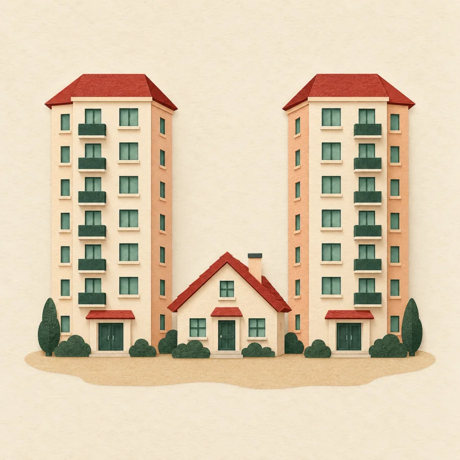 Two tall apartment blocks and one small house stand side by side