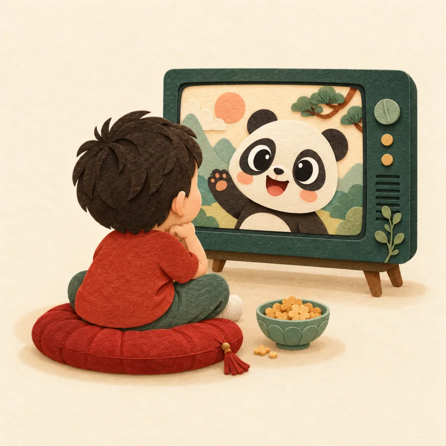 A child sits close to a TV showing a cartoon character