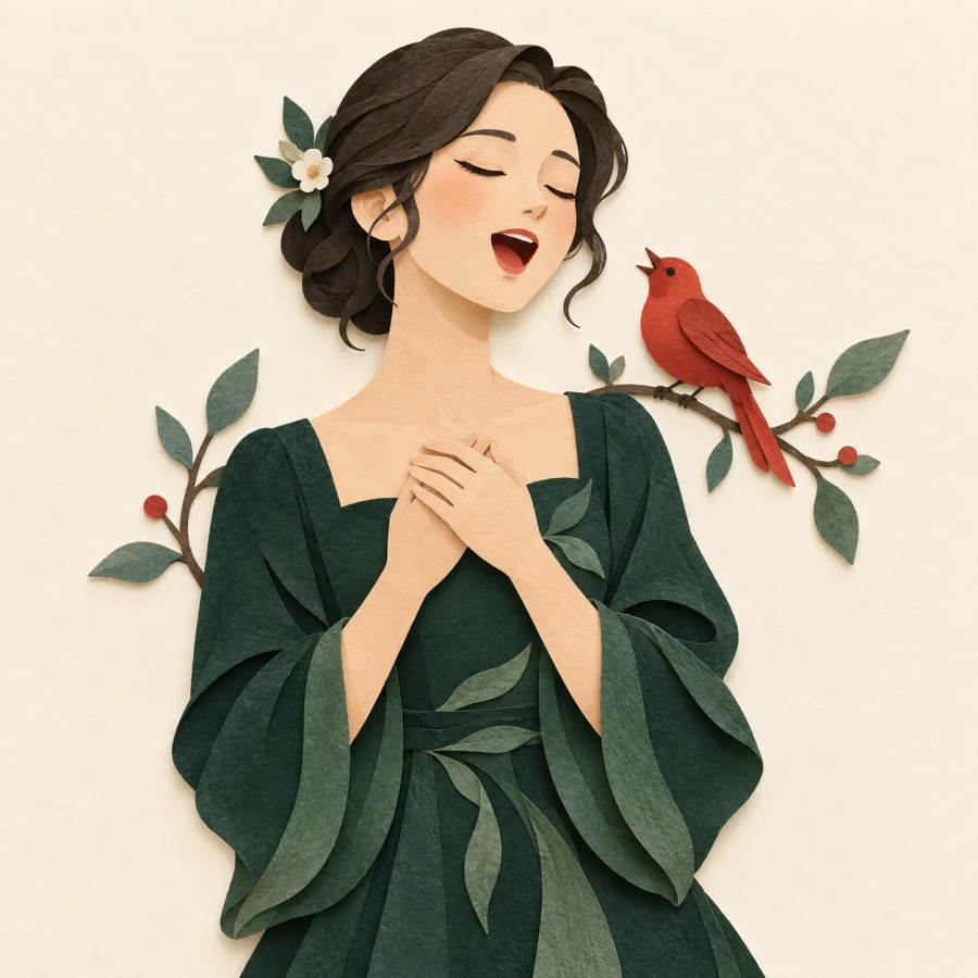 A singer with closed eyes beside a red bird on a branch