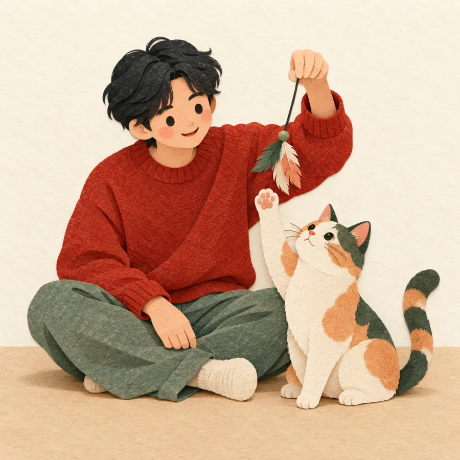 A person teases a cat with a feather on a string