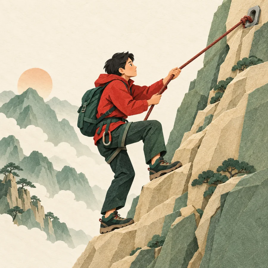 A person climbs a steep rocky slope holding a rope
