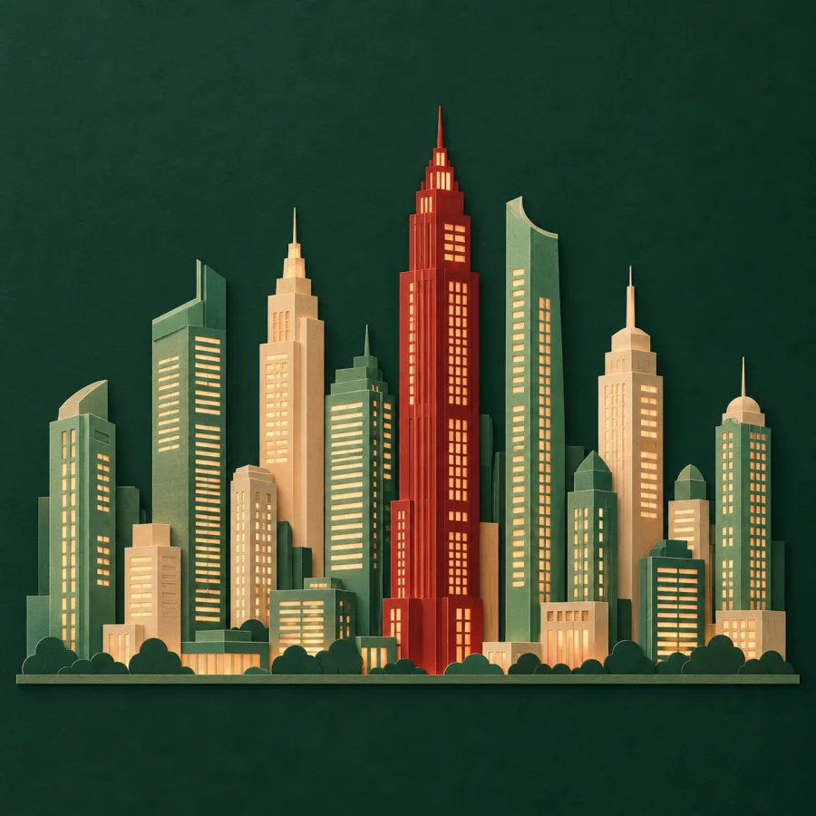 A row of tall buildings with lit windows in the evening