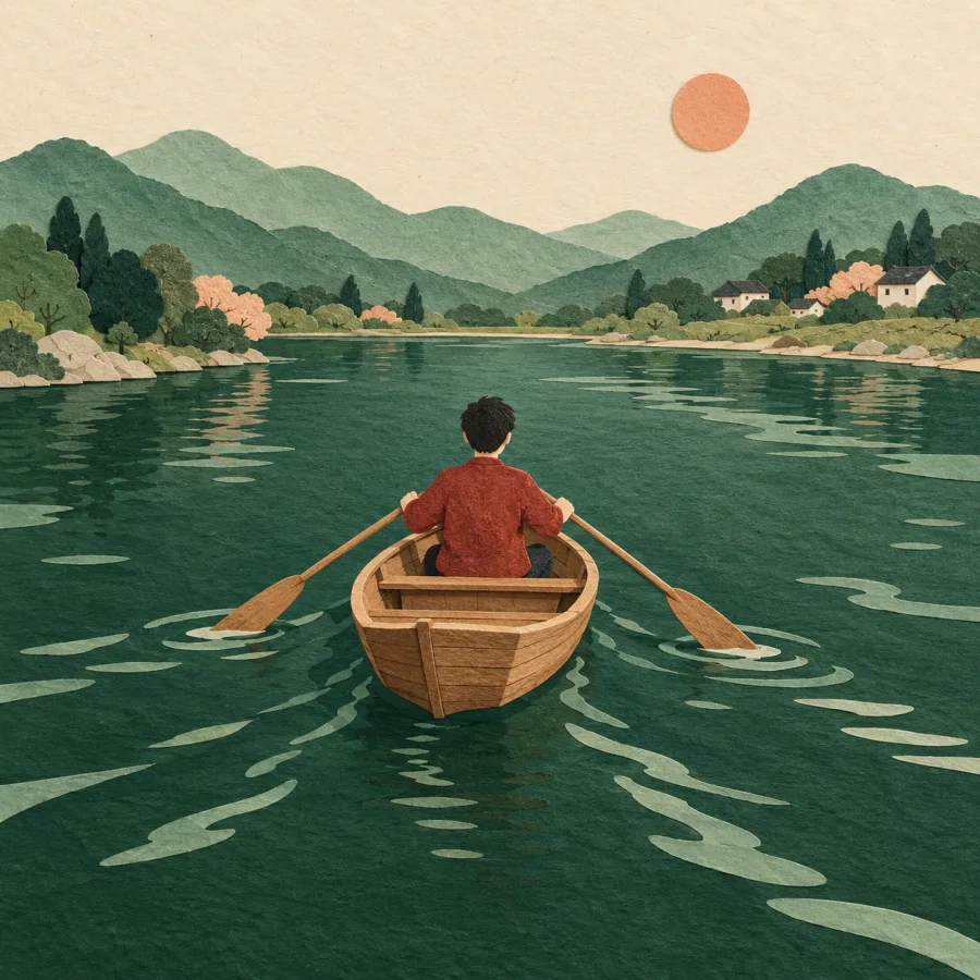 A person rows a small boat across a calm river
