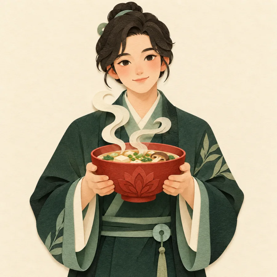 A person carries a steaming bowl of soup in both hands
