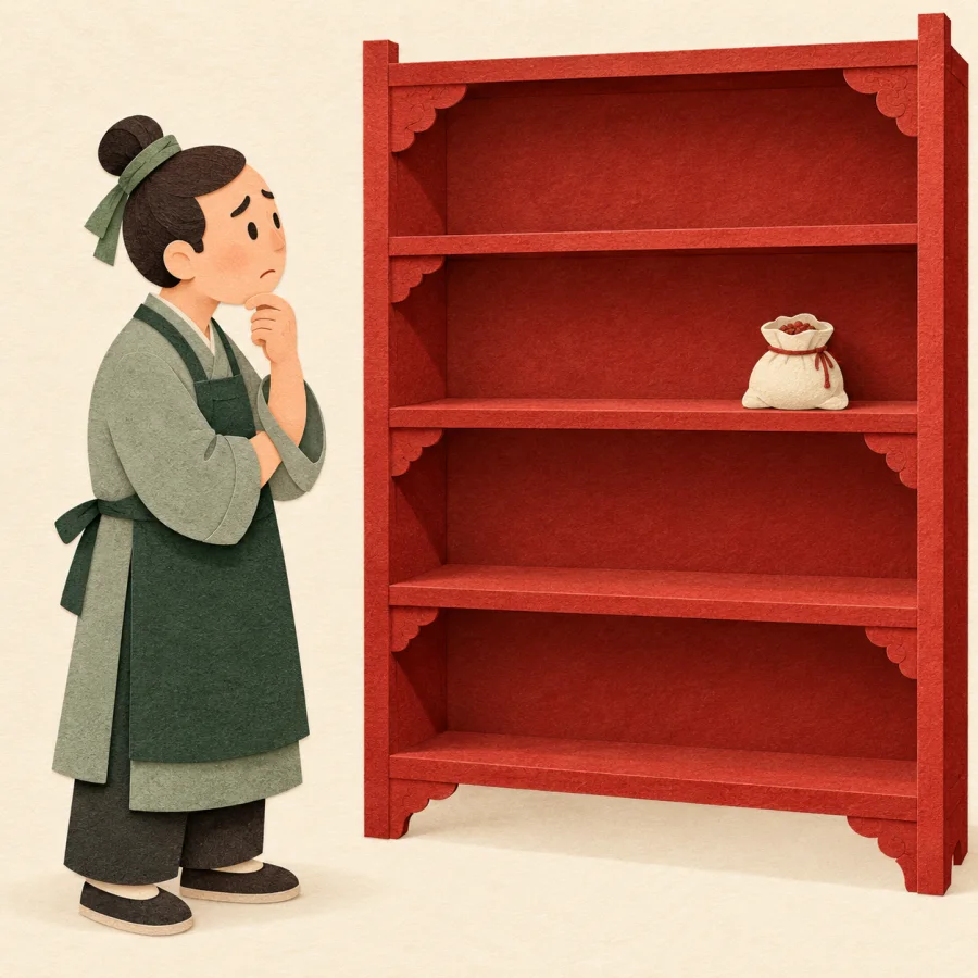 A shopkeeper looking at nearly empty warehouse shelves