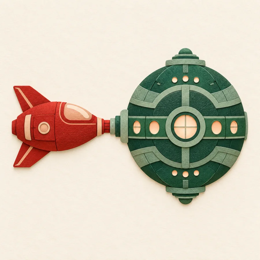 A red spaceship docks with a round green station