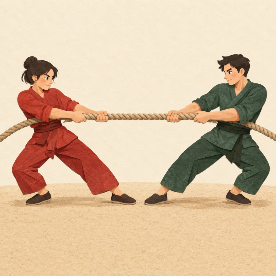 Two people pull a rope in opposite directions, evenly matched
