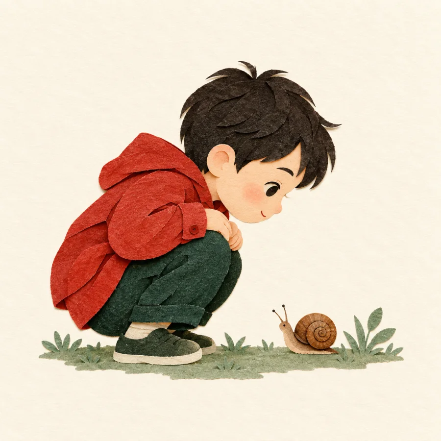 A child squats down to look at a small snail