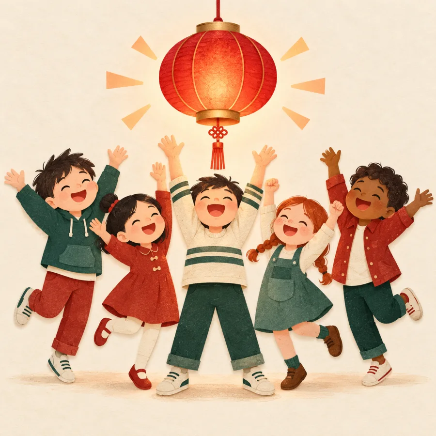 Children cheer with raised arms as a lantern lights up