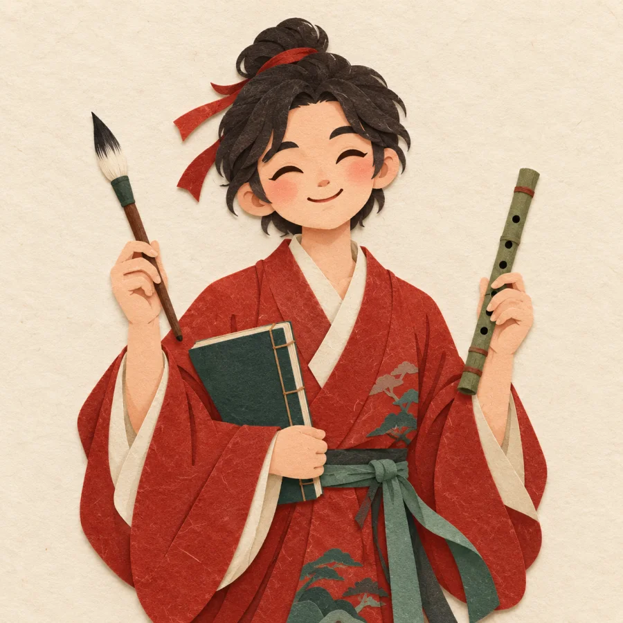 A smiling person holding a brush, a flute and a book