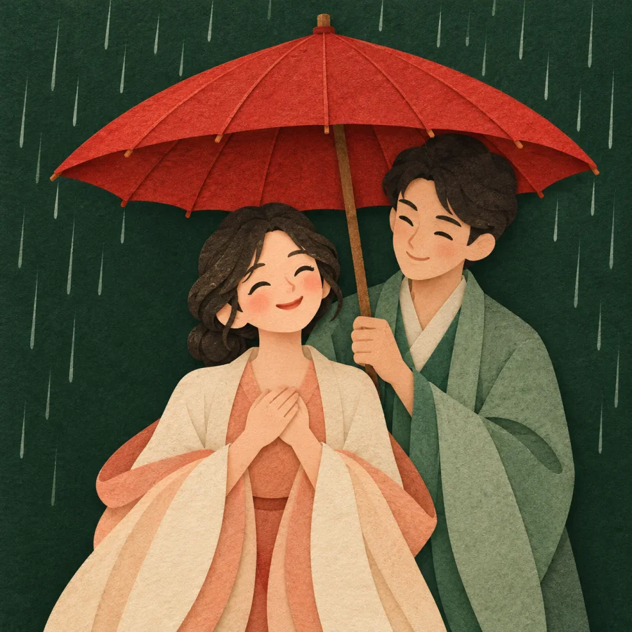 A person stays dry under a friend's umbrella in the rain