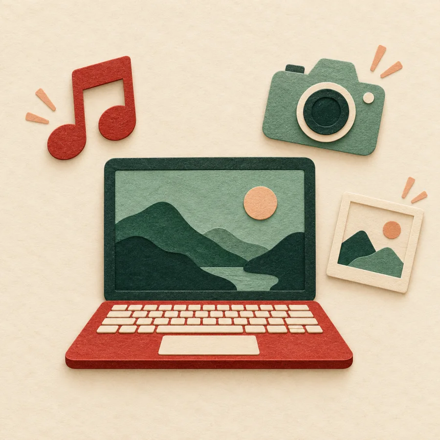 A laptop surrounded by music, camera and picture icons