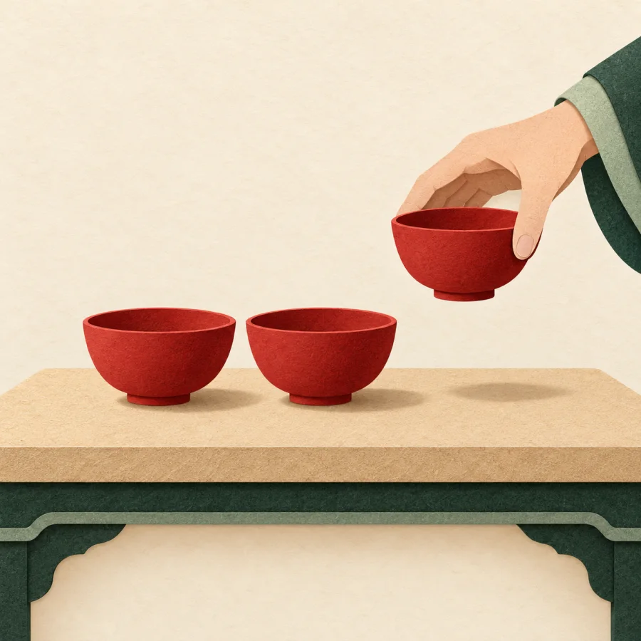 A hand removes an extra bowl from a table set for two