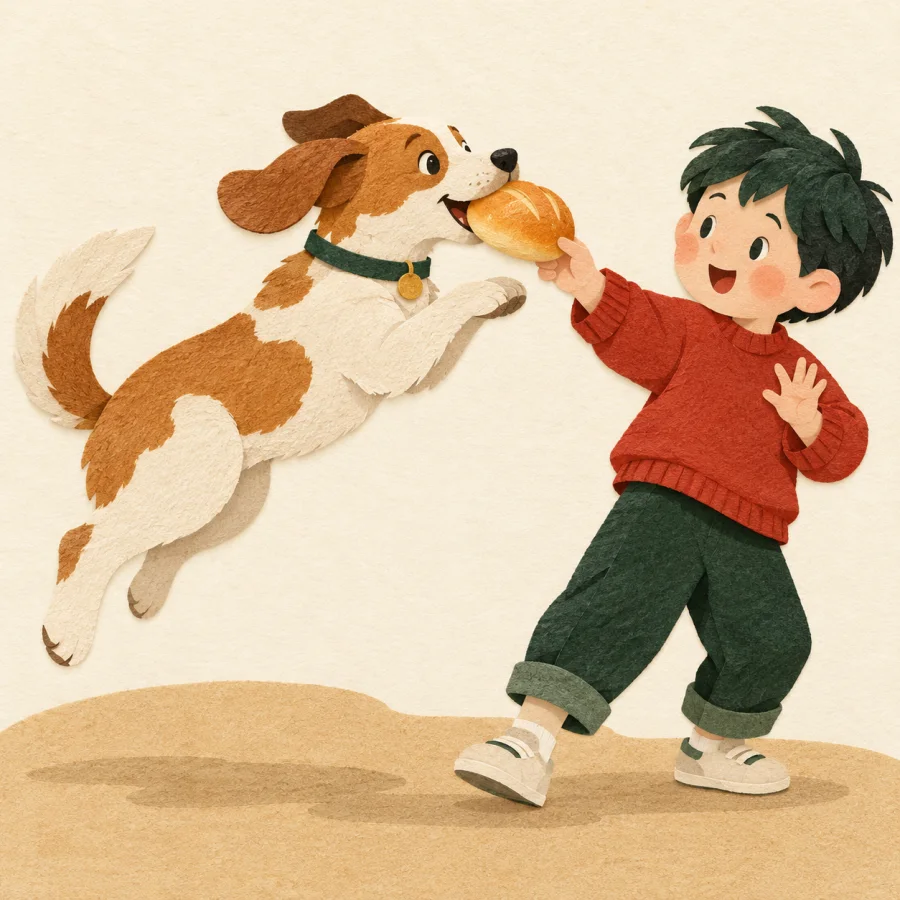 A dog snatches a bread roll from a child's hand