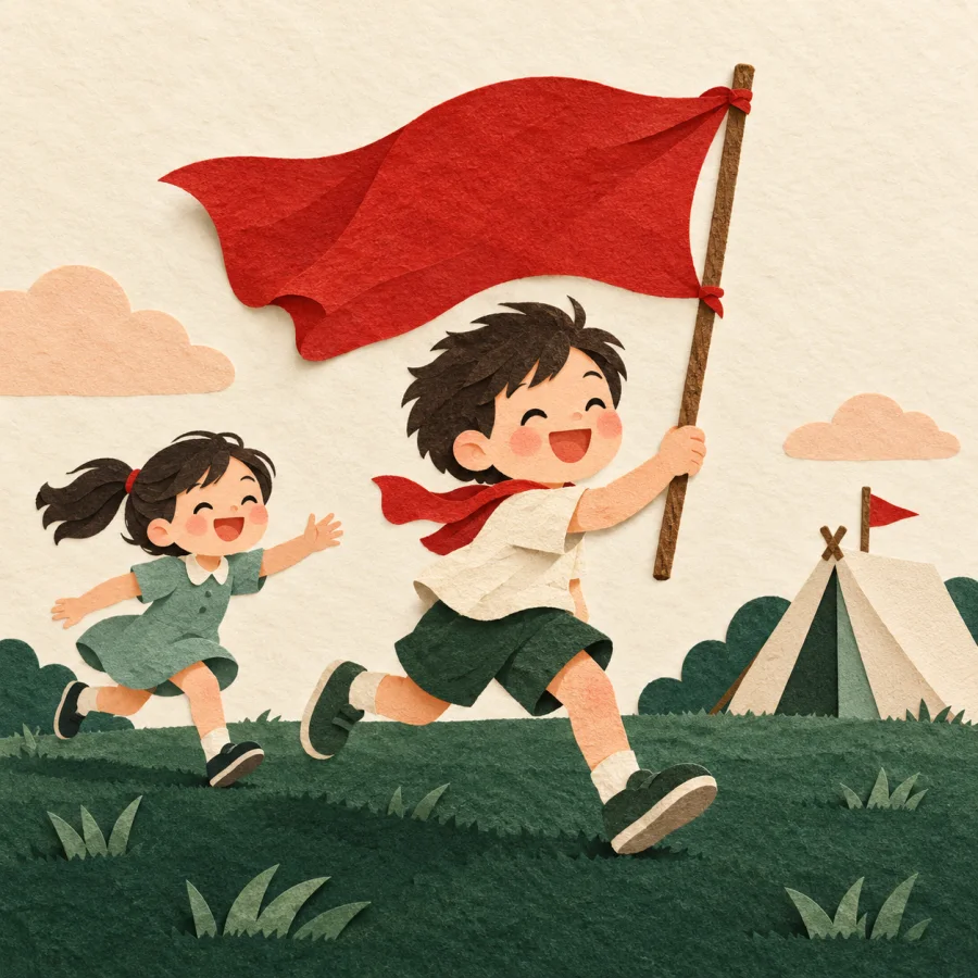 A child runs with a red flag toward a small tent