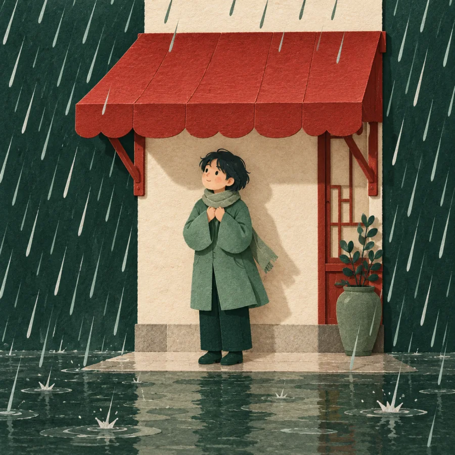 A person shelters from heavy rain under a shop awning