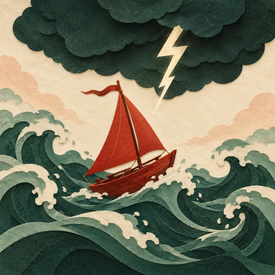 A small boat on rough waves under a dark storm cloud