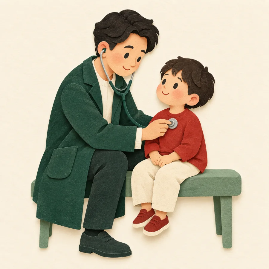 A doctor with a stethoscope examines a small child