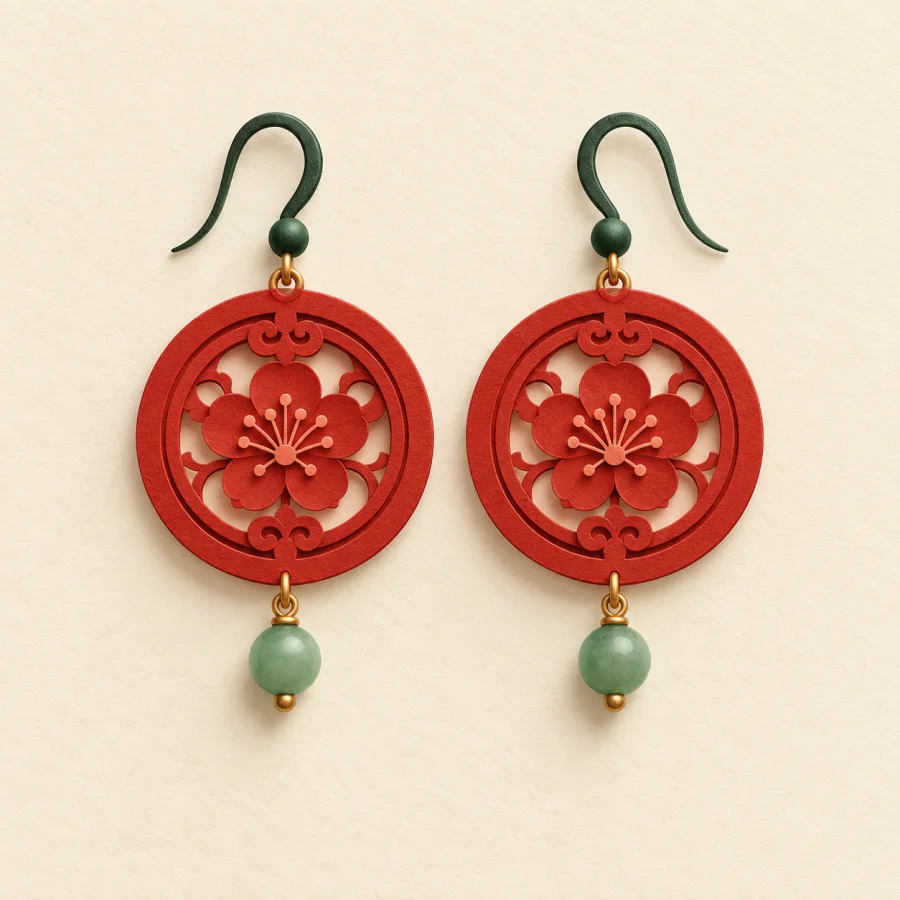 A pair of round red earrings with jade beads