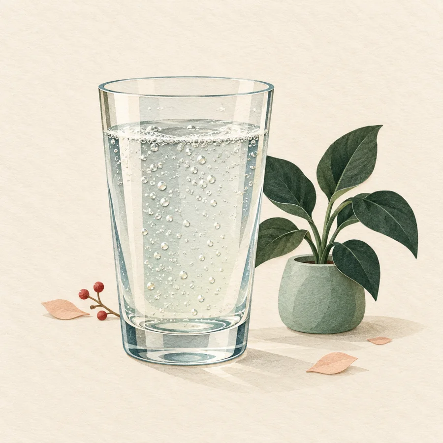 A glass of fizzy water with bubbles beside a green plant