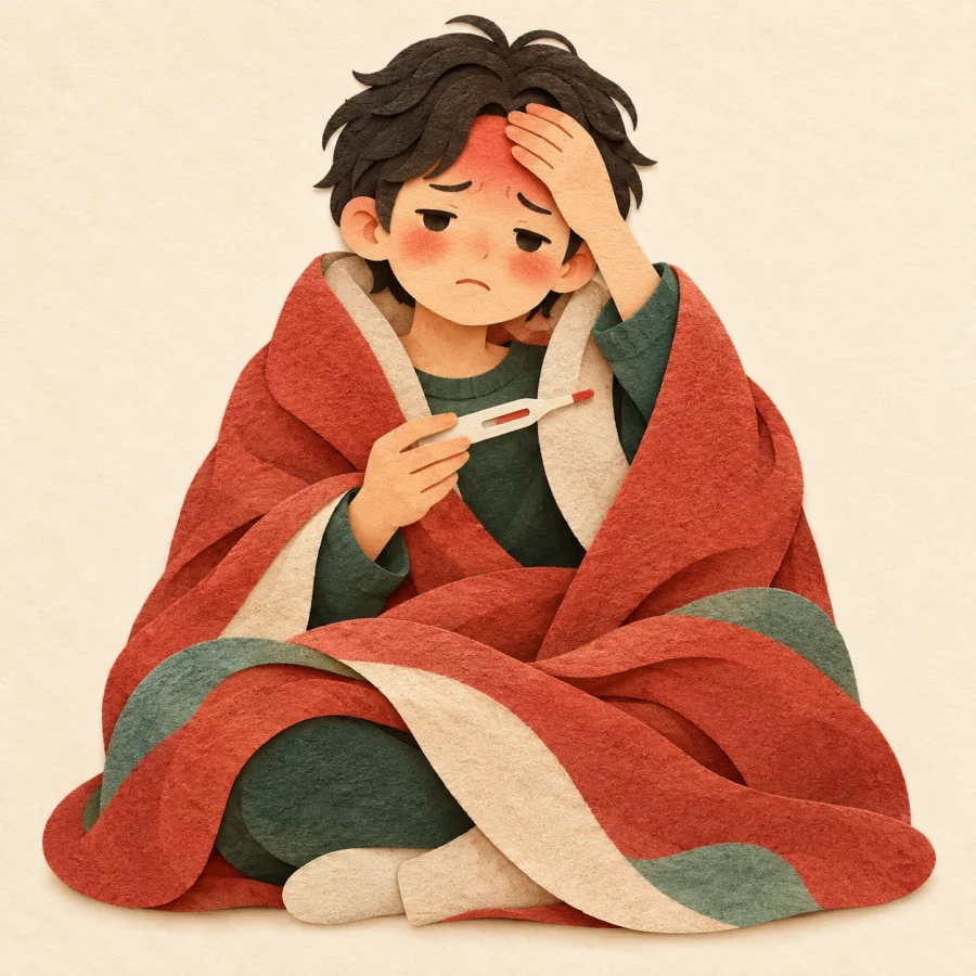 A person in a blanket holds a thermometer and a hot forehead