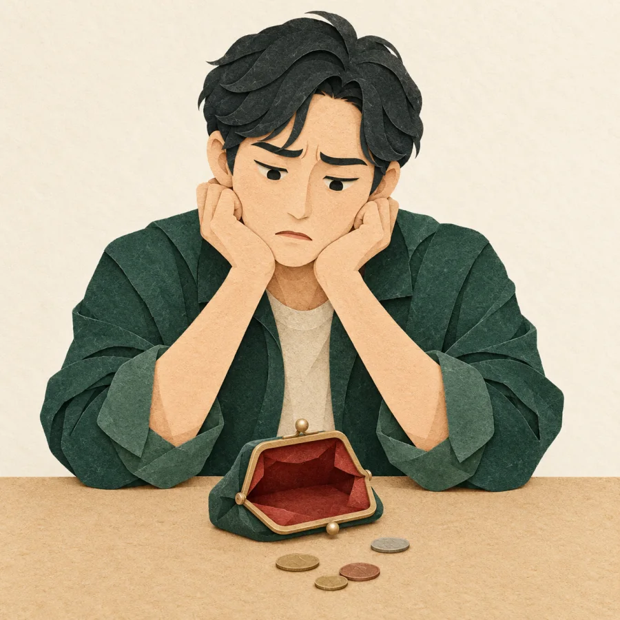 A person sits with chin in hands, worried, beside a few coins