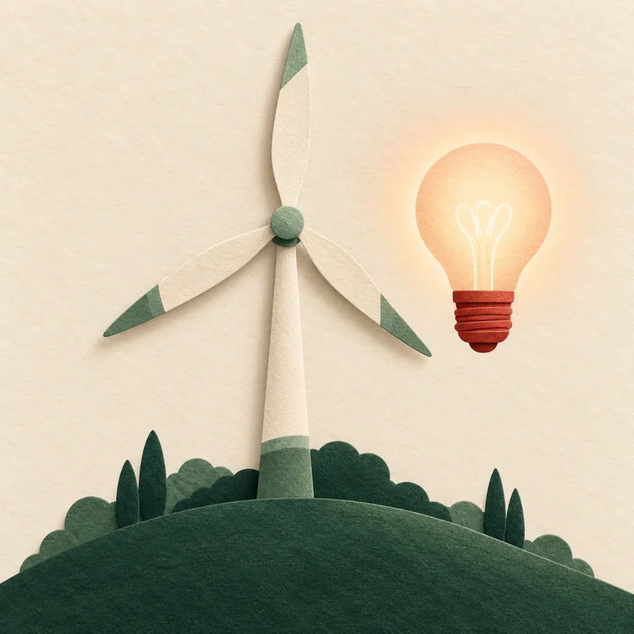 A wind turbine on a green hill beside a glowing bulb