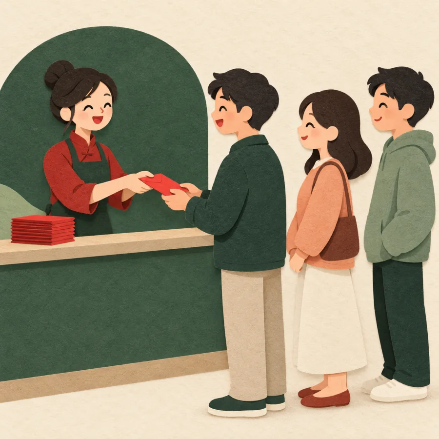 A clerk at a counter hands out red envelopes to a line