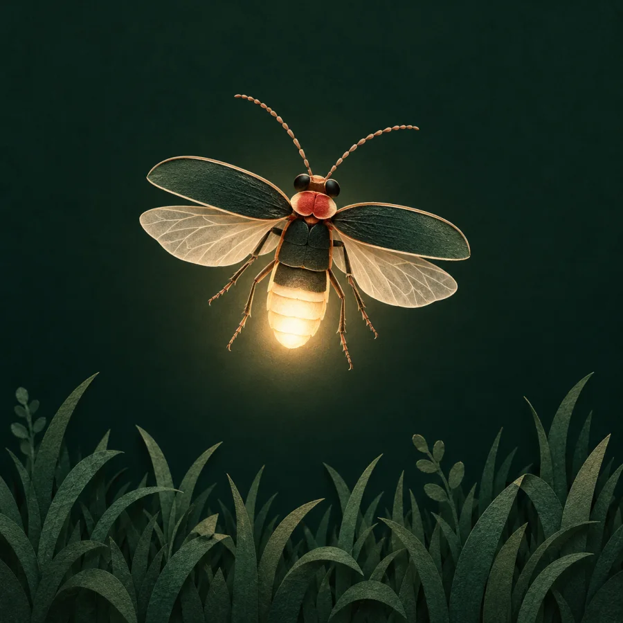 A firefly glows softly above dark grass at night
