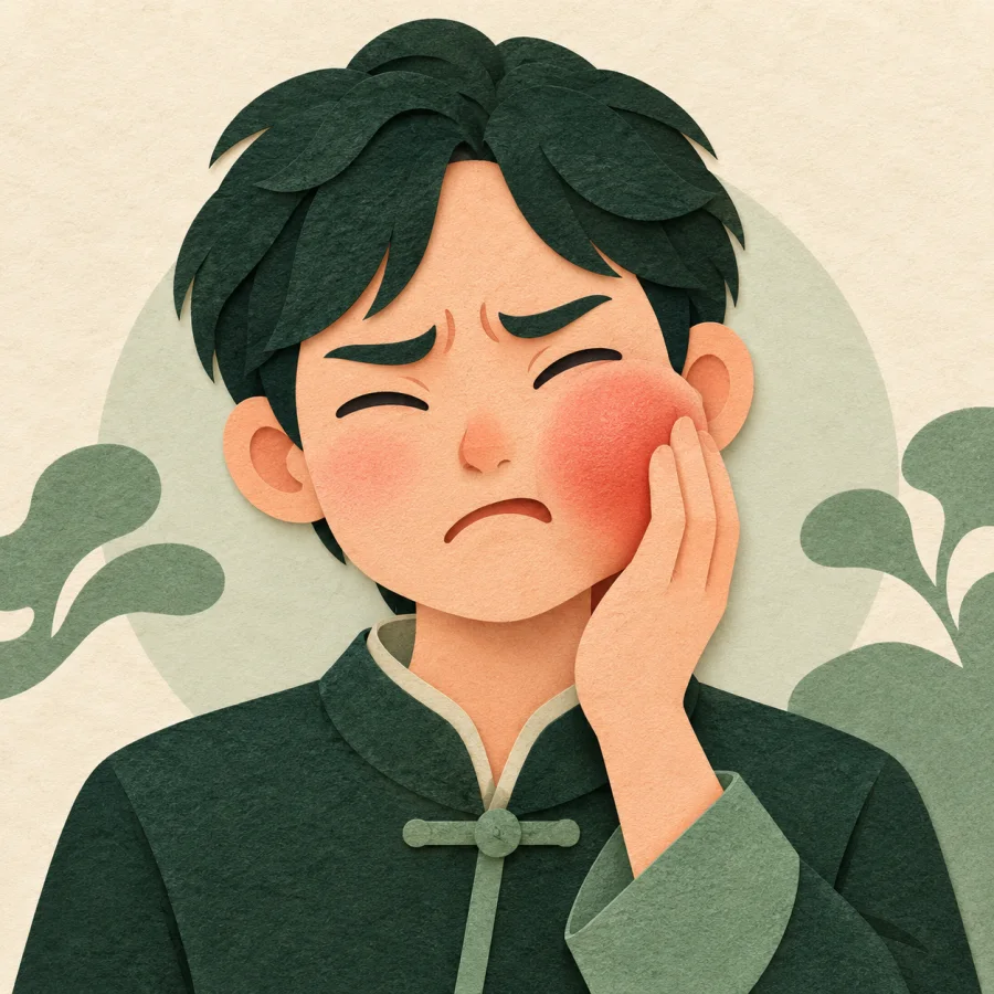 A person presses a hand to a swollen red cheek