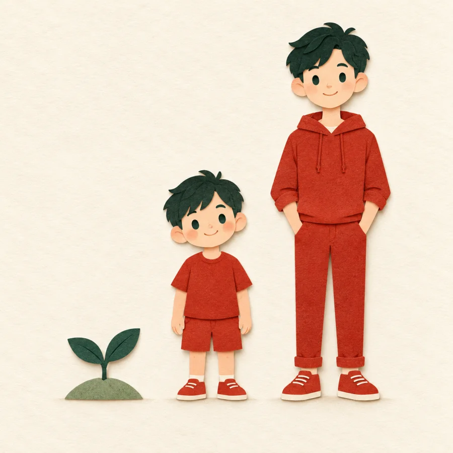 A sprout, a child and a teenager in a row growing taller