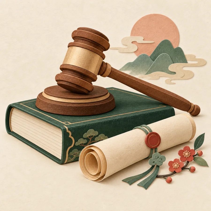 A wooden gavel rests on a thick book beside a scroll