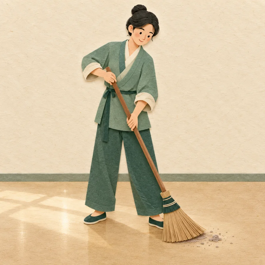 A person sweeps a room thoroughly, leaving a clean floor