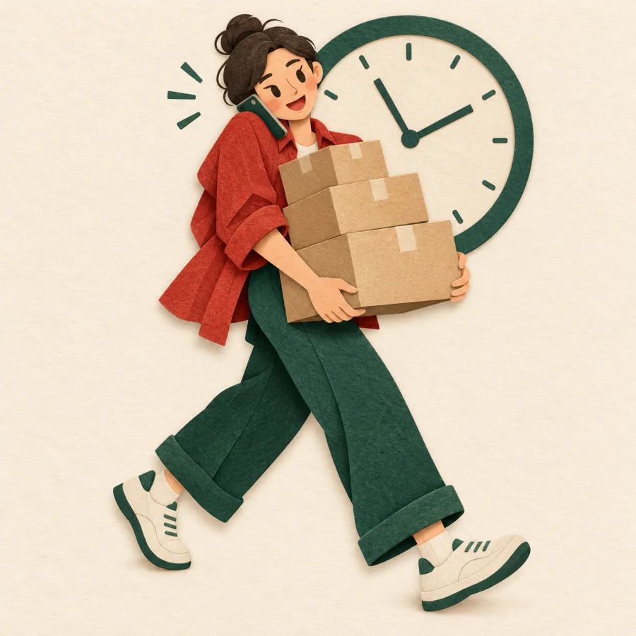 A person hurries along with arms full of boxes, clock behind