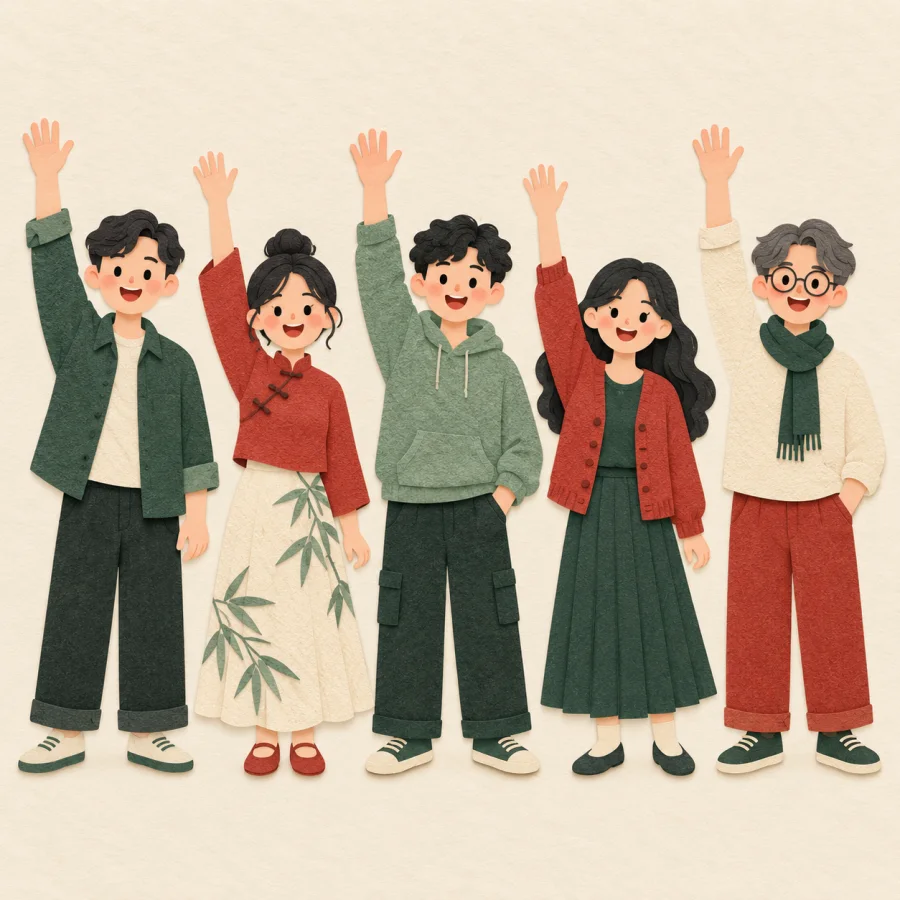 A line of people all raising one hand together