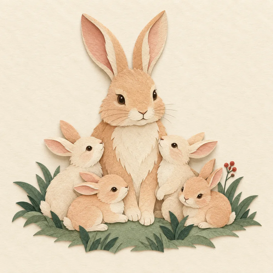 A mother rabbit with several baby rabbits on grass
