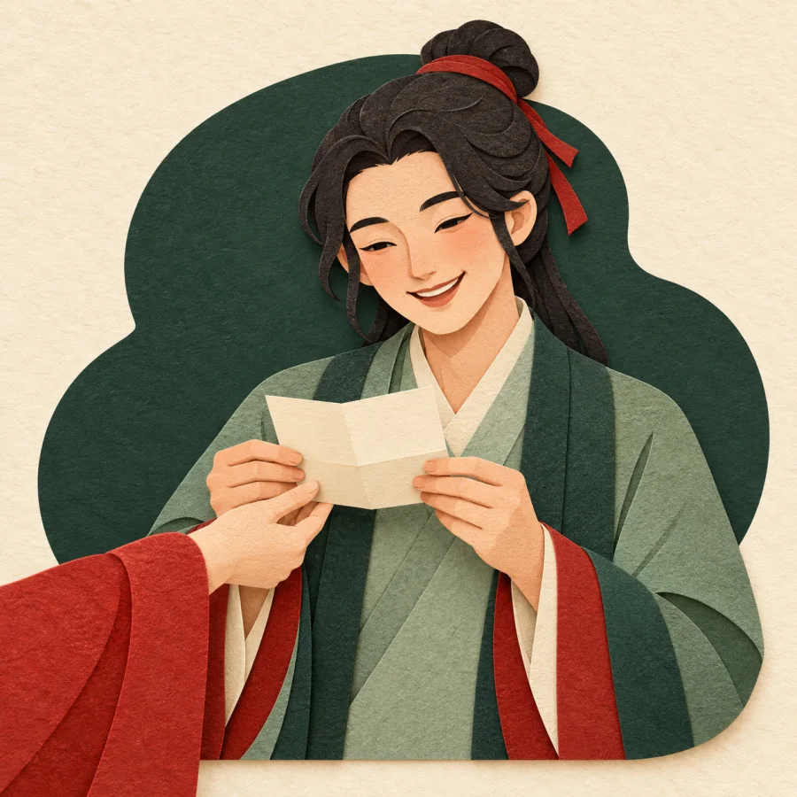 A person hands a folded note to a smiling teacher