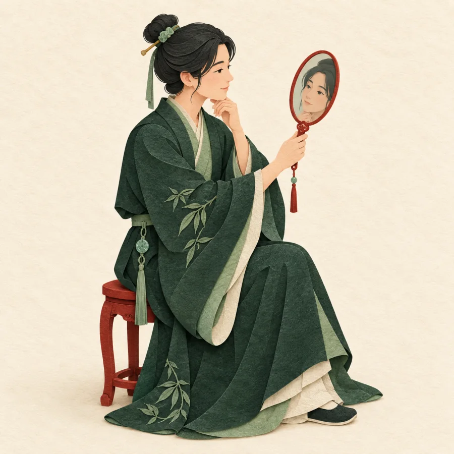 A person on a stool gazes thoughtfully into a hand mirror