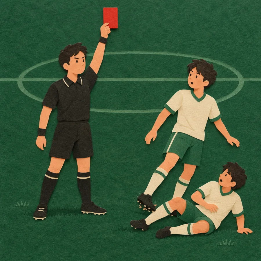 A referee holds up a red card to a player on a field