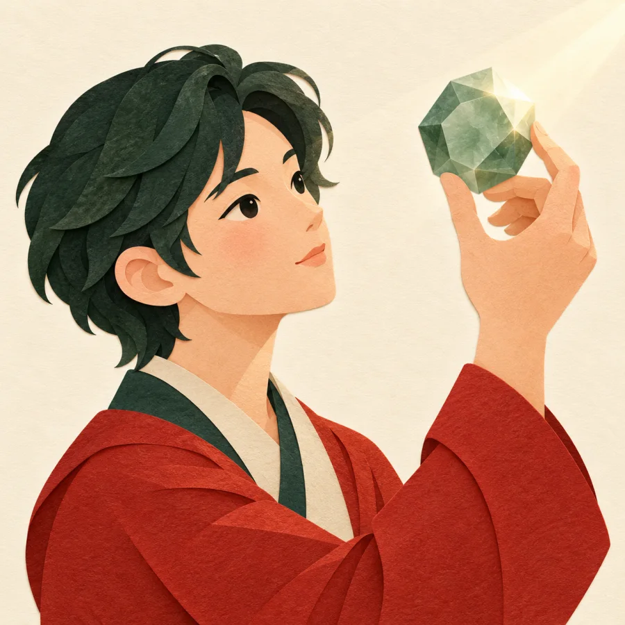 A person examines a many-sided jade gem in the light