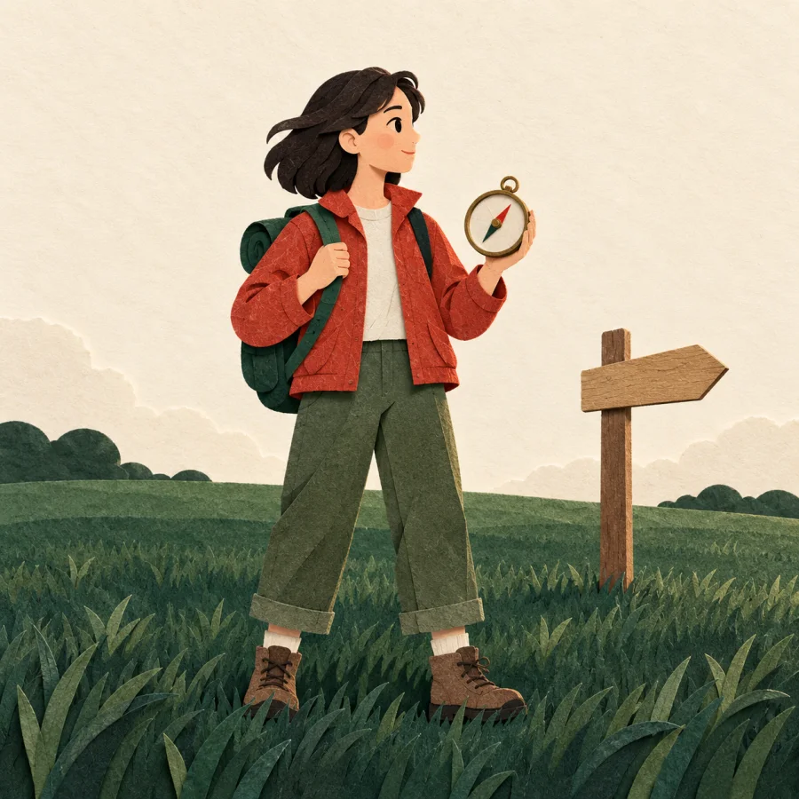 A person with a compass stands in a field by a signpost