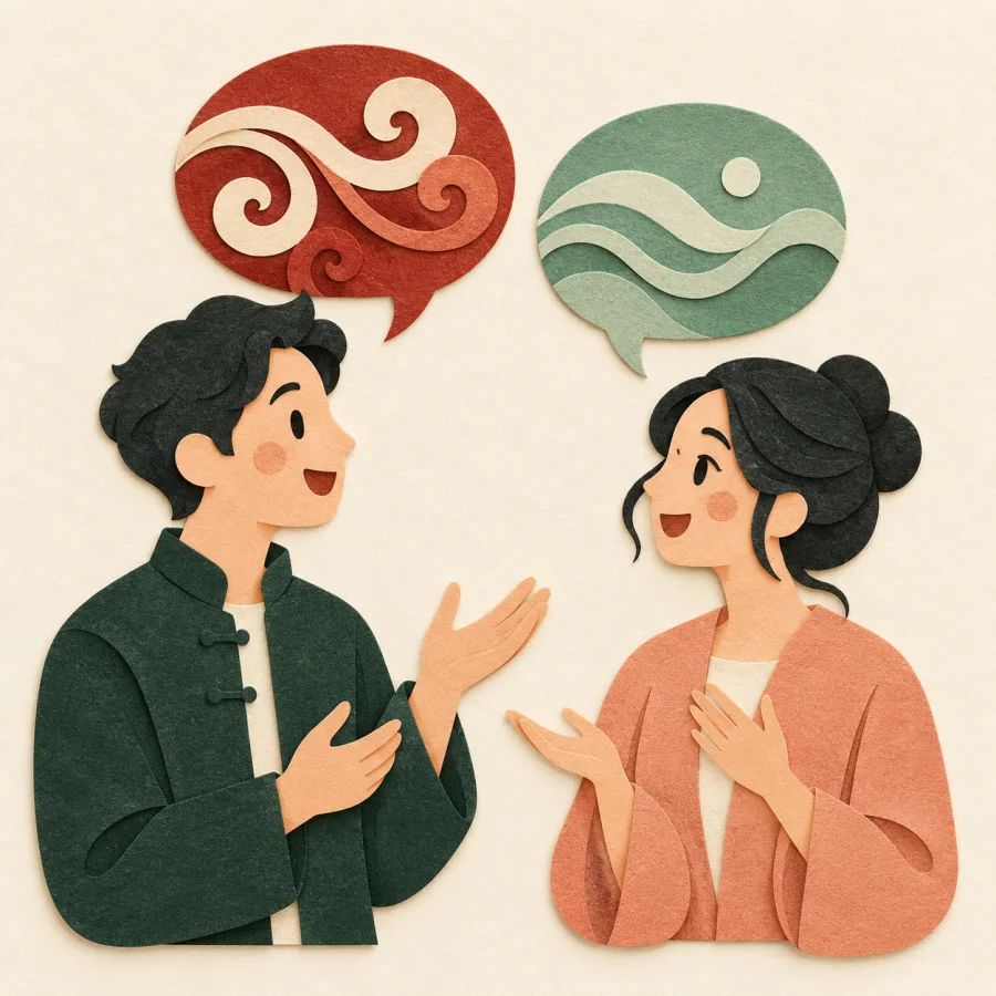 Two people chat, each with a differently patterned speech bubble